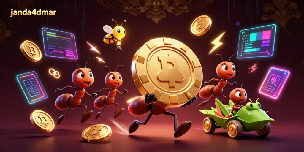 Ant menggenggam chip poker emas raksasa dalam lingkungan kasino digital yang menarik di janda4dmar.