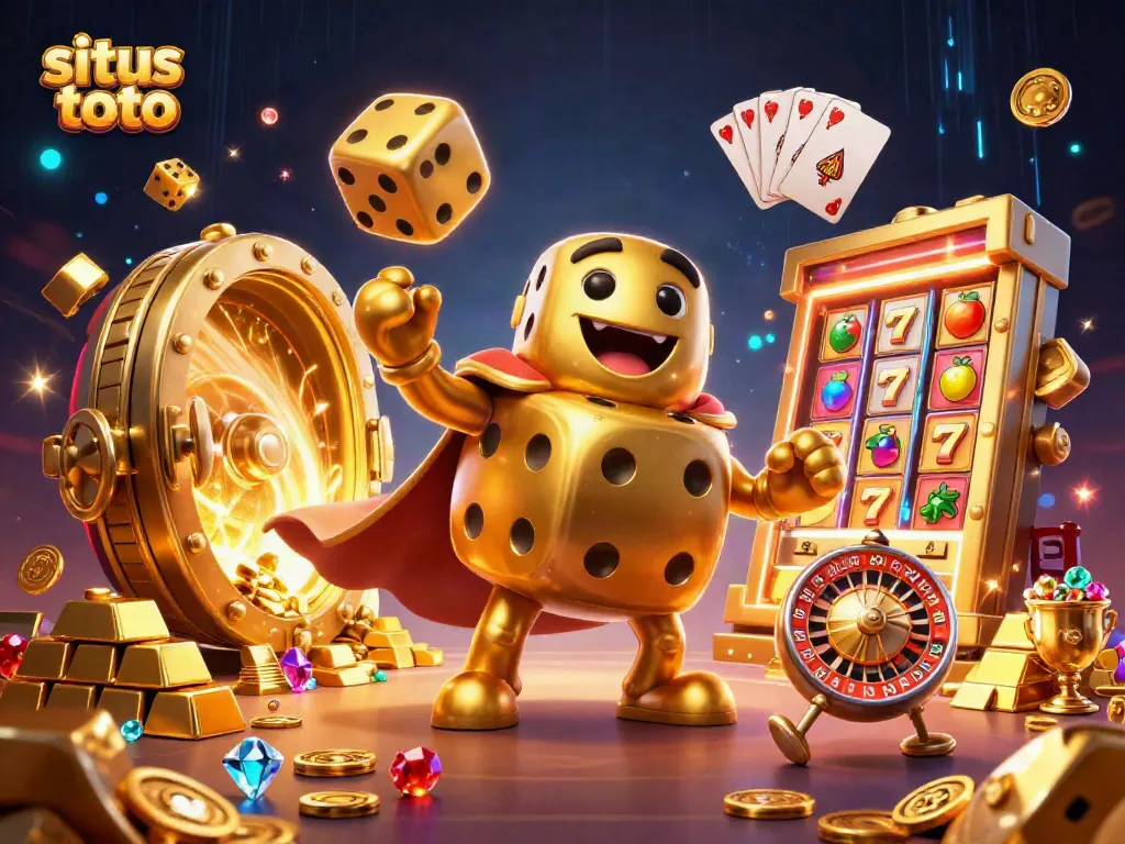 Engage with situs toto's lively gaming atmosphere depicted in a colorful 3D casino illustration featuring golden dice and vibrant game symbols.