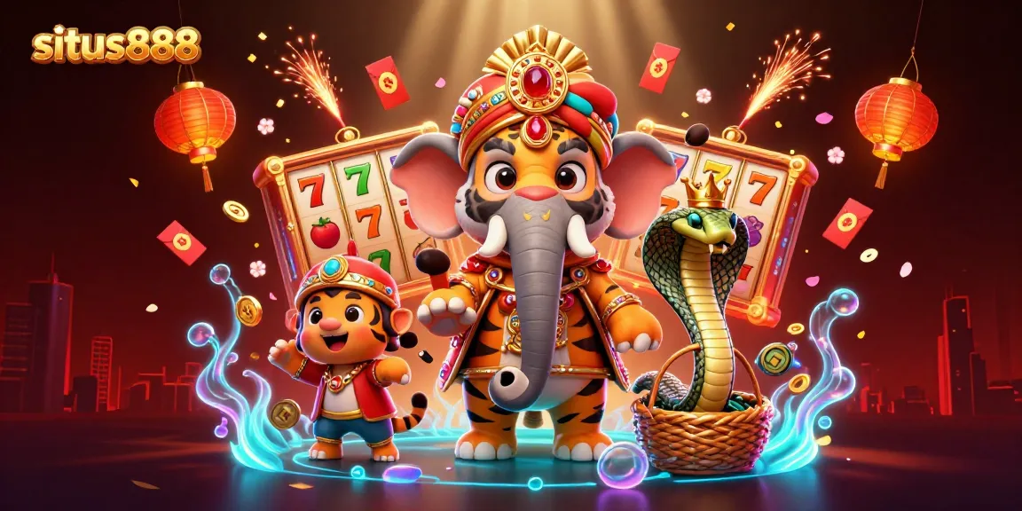 Spin and win with situs888, featuring vibrant 3D casino elements and detailed characters.